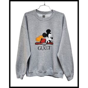 Gildan Disney Mickey Gucci Inspired Screenprint Crewneck Sweatshirt Gray Large